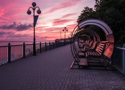 Zachód słońca, Promenada, Balustrada, Morze, Latarnia, Ławeczki