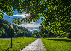 Promienie słońca nad alejkami w parku w mieście Samobor w Chorwacji