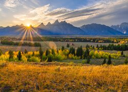 Park Narodowy Grand Teton, Góry, Teton Range, Pole, Drzewa, Promienie słońca, Chmury, Stan Wyoming, Stany Zjednoczone