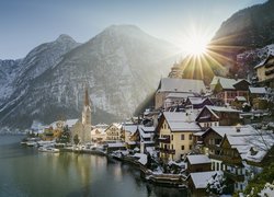 Zima, Promienie słońca, Góry, Jezioro, Hallstatt, Austria