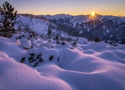 Góry, Alpy, Promienie słońca, Zima, Zaspy, Drzewa, Austria