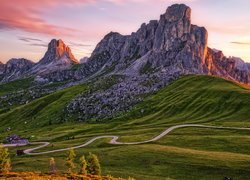 Giau Pass, Góry, Góra Ra Gusela, Dolomity, Kręta, Droga, Łąki, Drzewa, Belluno, Włochy
