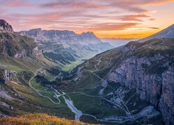 Szwajcaria, Góry, Alpy Glarneńskie, Przełęcz, Klausenpass, Drzewa, Wschód słońca, Chmury