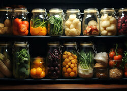 Przetwory z warzyw i owoców w słoikach na półkach