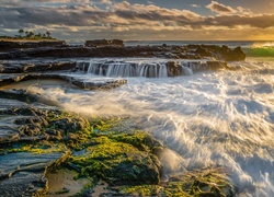 Hawaje, Ocean Spokojny, Skały, Morze, Zachód słońca