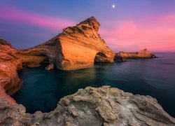 Morze, Skały, Przylądek Pertusato, Zachód słońca, Księżyc, Bonifacio, Korsyka, Francja