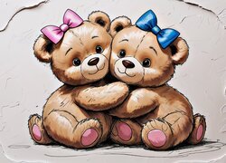 Dwa, Pluszowe, Misie, Kokardki, Rysunek