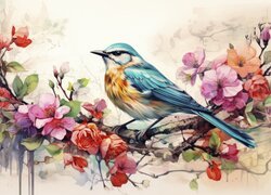 Ptak i kolorowe kwiaty na gałązce