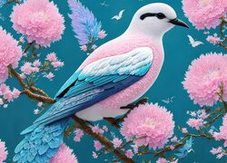 Ptak na gałązce z różowymi kwiatami w grafice