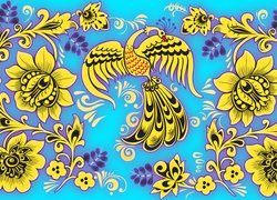 Kwiaty, Żółte, Ptak, Niebieskie tło, Tekstura
