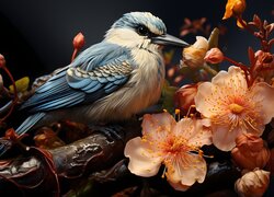 Ptak z niebieskimi skrzydłami na kwitnącej gałązce w grafice