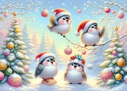 Ptaszki w czapkach Mikołaja i choinki na śniegu w grafice