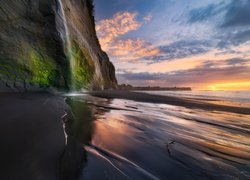 Zachód słońca, Klif, Morze, White Cliffs Walkway, Region Taranaki, Nowa Zelandia