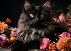 Puszysty czarny kot wśród kwiatów