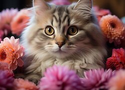 Puszysty kot leżący wśród kolorowych kwiatów