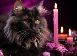 Puszysty kot obok płonących świec