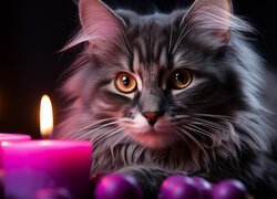Puszysty kot obok zapalonych fioletowych świec