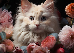Puszysty kot wśród kolorowych kwiatów