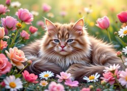 Puszysty rudawy kot leżący wśród kwiatów