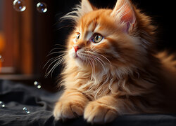 Puszysty rudawy kot patrzący na bańki mydlane
