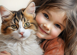 Radosna dziewczynka przytulona do kota