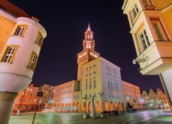 Polska, Opole, Rynek, Ratusz, Domy, Noc