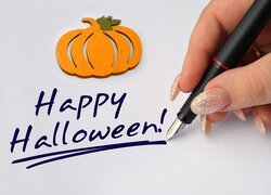 Ręka, Pióro, Dynia, Napis, Życzenia, Halloween, Happy Halloween