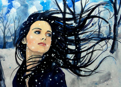 Reprodukcja obrazu z kobietą o rozwianych włosach w płatkach śniegu