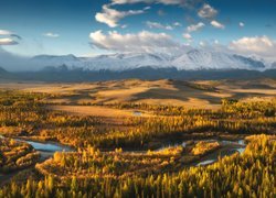 Góry Północnoczujskie, Las, Jesień, Rezerwat Kurayskaya Step, Rzeka, Chmury, Ałtaj, Rosja