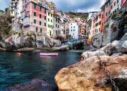 Morze, Skały, Kamienie, Łańcuchy, Łodzie, Kolorowe, Domy, Gmina, Riomaggiore, Cinque Terre, Włochy