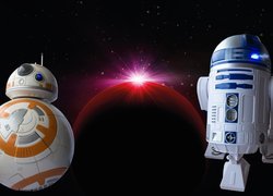 Film, Gwiezdne wojny, Star Wars, Roboty, R2-D2, BB-8, Planeta, Gwiazdy