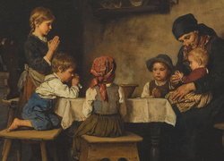 Malarstwo, Obraz, Franz von Defregger, Dzieci, Kobieta, Rodzina, Stół, Modlitwa