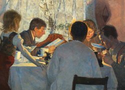 Malarstwo, Obraz, Gustav Wentzel, Kobiety, Mężczyźni, Stół, Śniadanie, Okno
