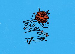 Róża i dłonie na niebieskim tle