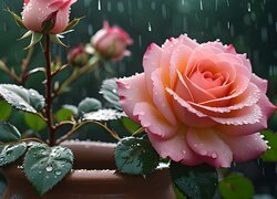 Róża i liście z kroplami wody