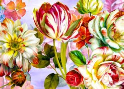 Kwiaty, Kolorowe, Róże, Tulipan, Grafika