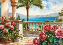 Grafika, Morze, Balkon, Palma, Kwiaty, Róże, Dom