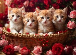 Róże obok koszyka z czterema małymi rudymi kotkami