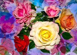 Kolorowe, Kwiaty, Róże, Grafika