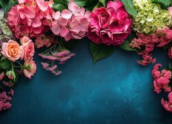 Kwiaty, Kolorowe, Hortensje, Róże, Kompozycja