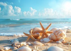 Muszle, Rozgwiazdy, Plaża, Morze, Grafika