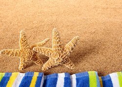 Rozgwiazdy obok ręczników na piasku