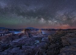 Noc, Gwiazdy, Skały, Jezioro, Lake Powell, Utah, Stany Zjednoczone