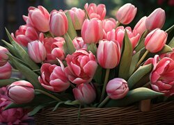 Różowe, Tulipany, Liście, Koszyk