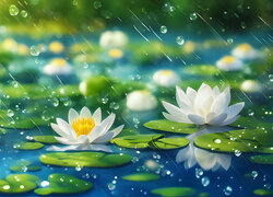 Rozkwitnięte białe lilie wodne w padającym deszczu
