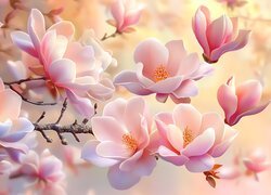 Rozkwitnięte kwiaty magnolii na gałązkach