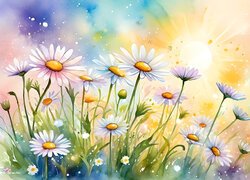 Margerytki, Kwiaty, Grafika, Słońce