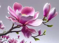 Magnolia, Kwiaty, Gałęzie, Grafika