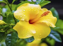 Rozkwitnięty żółty hibiskus z pąkami i kroplami wody w zbliżeniu