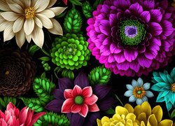 Różne kolorowe kwiaty na czarnym tle w 2D